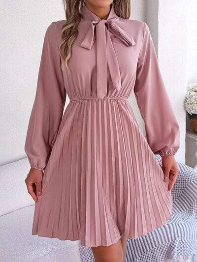 Tie Neck Balloon Sleeve Pleated Dress - Trendsi - Flyclothing LLC