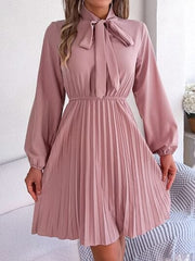 Tie Neck Balloon Sleeve Pleated Dress - Trendsi