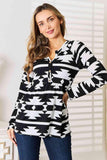 Heimish Full Size Geometric Notched Neck Long Sleeve Top - Trendsi