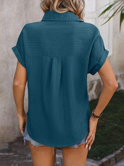 Textured Button Up Cap Sleeve Shirt - Trendsi - Flyclothing LLC