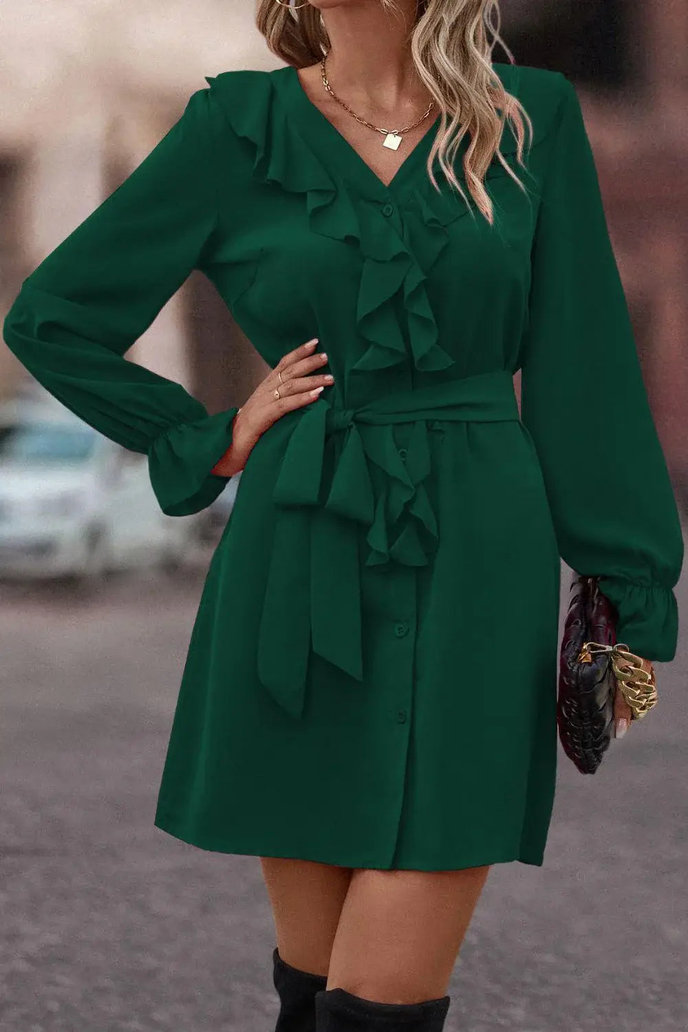 Ruffled Flounce Sleeve V-Neck Belted Dress - Trendsi - Flyclothing LLC