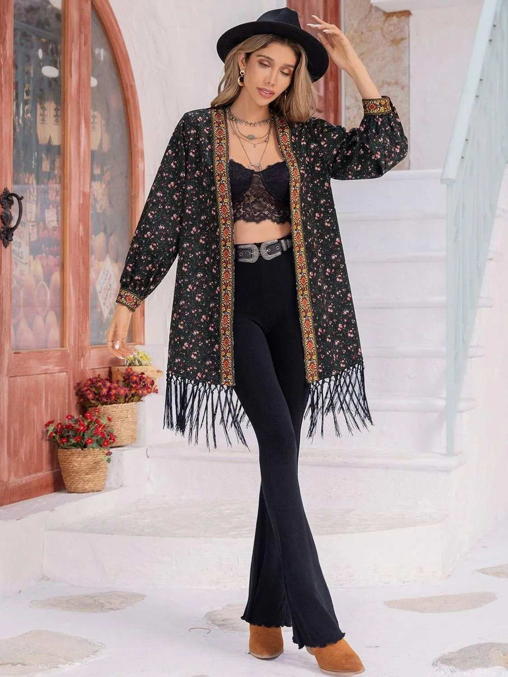 Printed Fringe Detail Cardigan - Trendsi - Flyclothing LLC