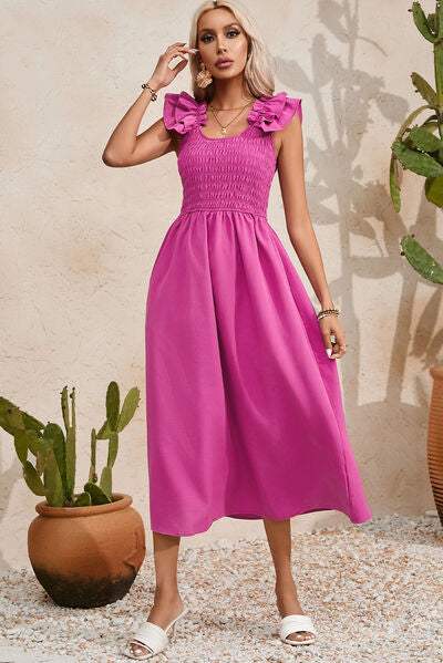 Smocked Ruffled Scoop Neck Midi Dress - Trendsi - Flyclothing LLC