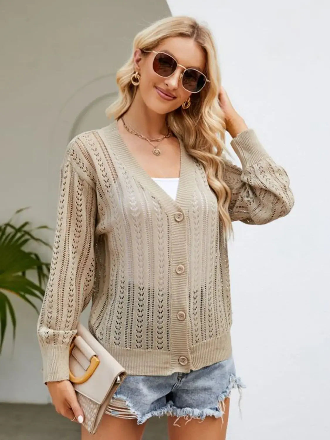 Button Down Ribbed Trim Cardigan - Trendsi - Flyclothing LLC