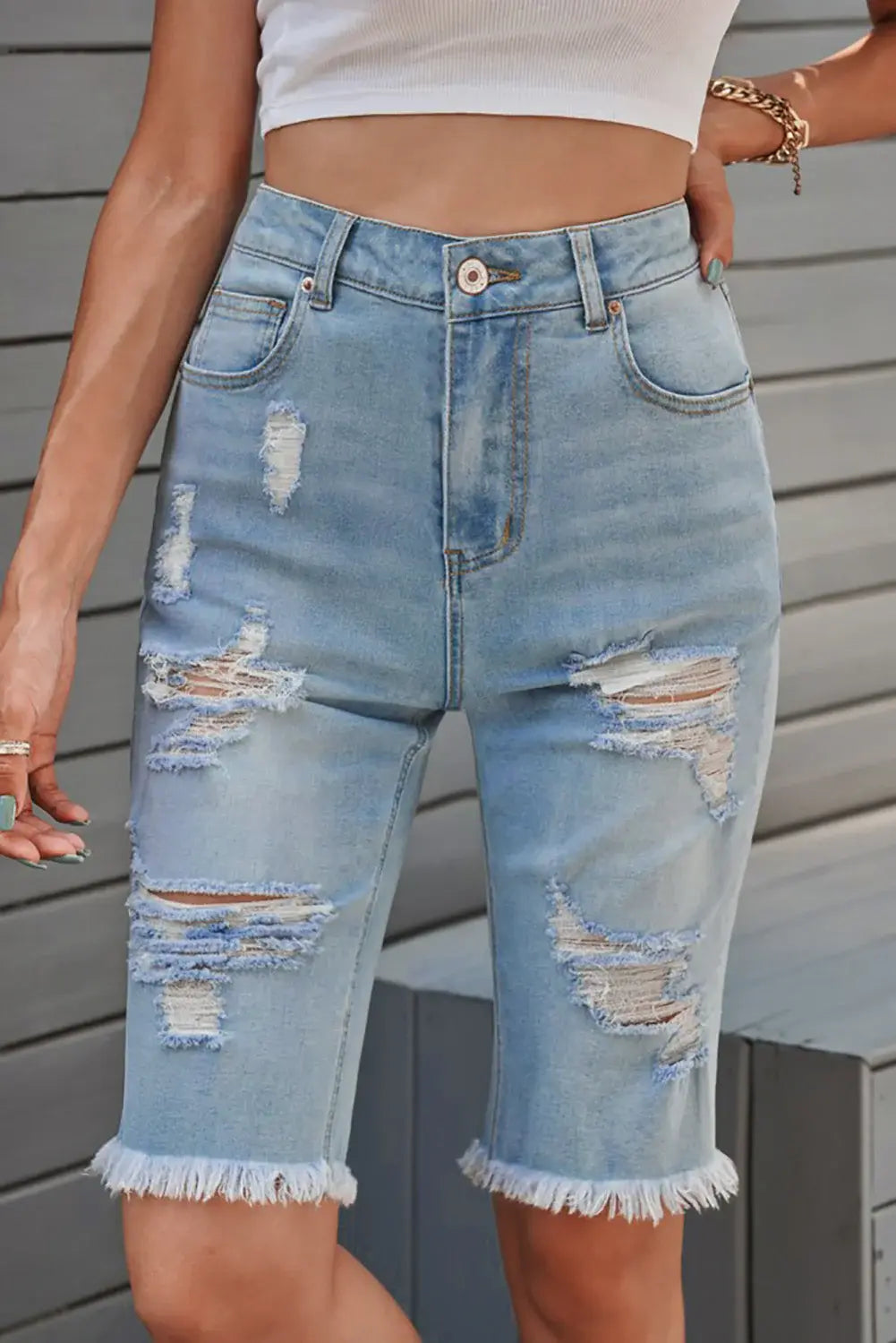 Distressed Raw Hem Denim Bermuda Shorts - Trendsi - Flyclothing LLC