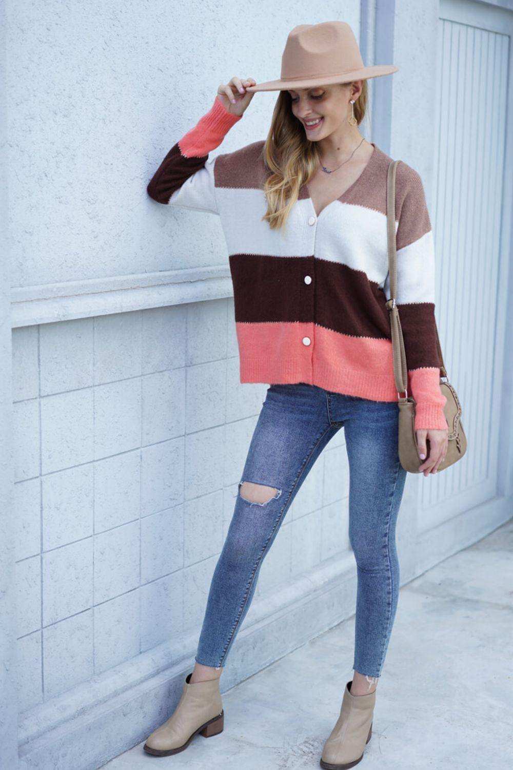 Color Block V-Neck Button Down Cardigan - Trendsi - Flyclothing LLC