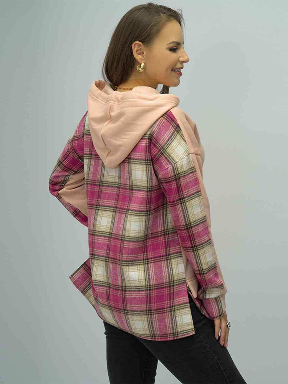Plaid Drawstring Drop Shoulder Slit Hoodie - Trendsi - Flyclothing LLC