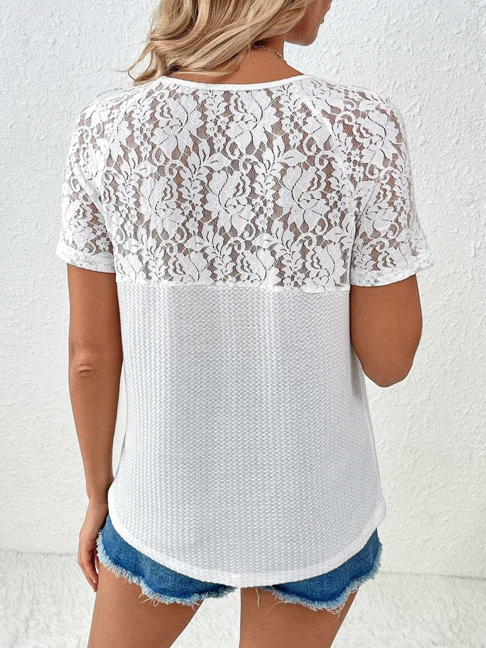 Lace Detail V-Neck Short Sleeve T-Shirt - Trendsi - Flyclothing LLC