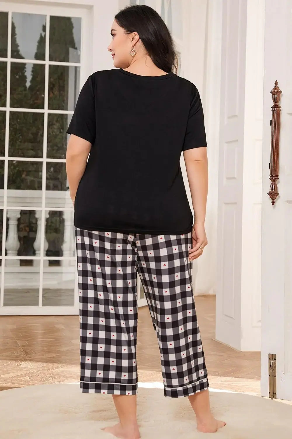 V-Neck Tee and Plaid Cropped Pants Lounge Set - Trendsi - Flyclothing LLC