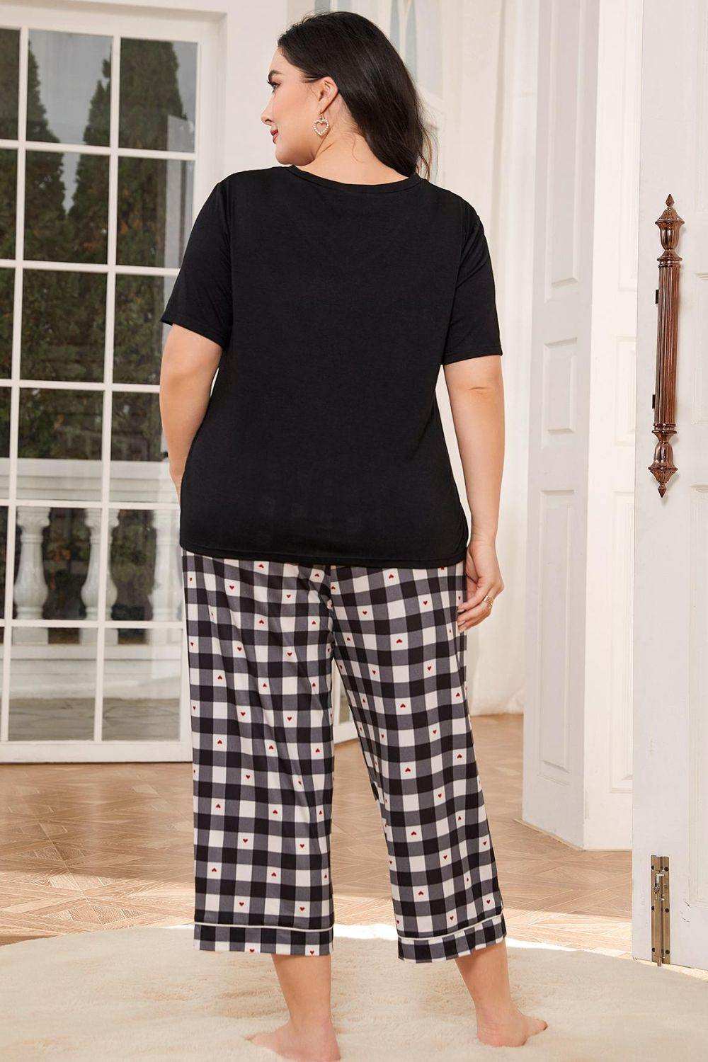 V-Neck Tee and Plaid Cropped Pants Lounge Set - Trendsi - Flyclothing LLC