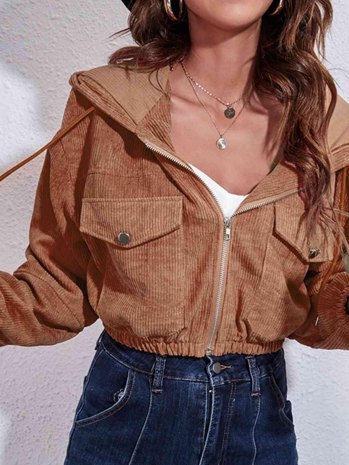 Drawstring Hooded Zip Up Jacket with Pockets - Trendsi