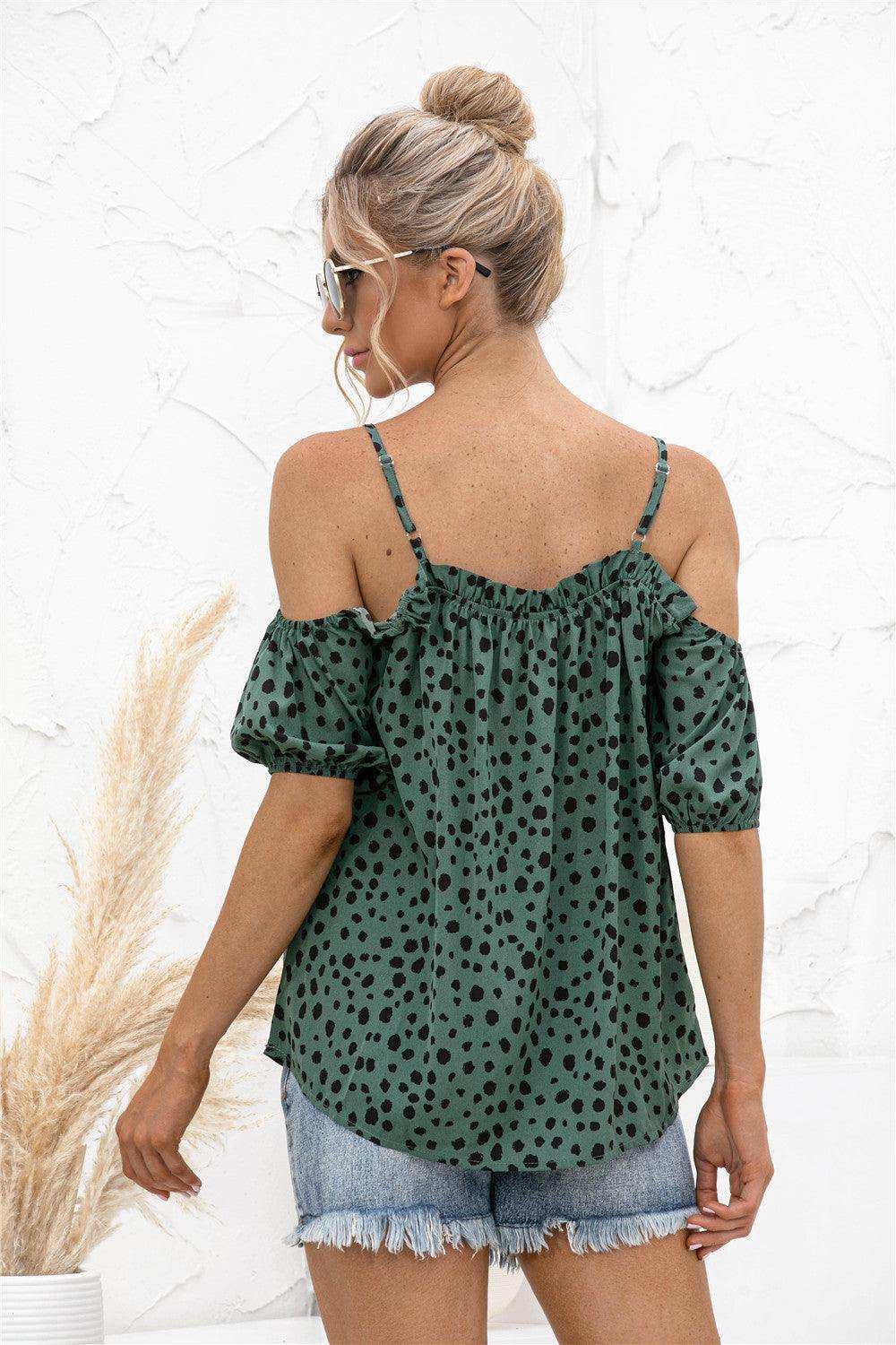 Printed Cold-Shoulder Frill Trim Blouse - Trendsi - Flyclothing LLC