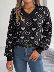 Heart Pattern V-Neck Long Sleeve Sweater - Trendsi