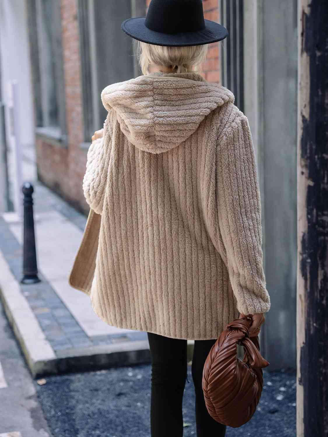 Open Front Ribbed Hooded Coat - Trendsi