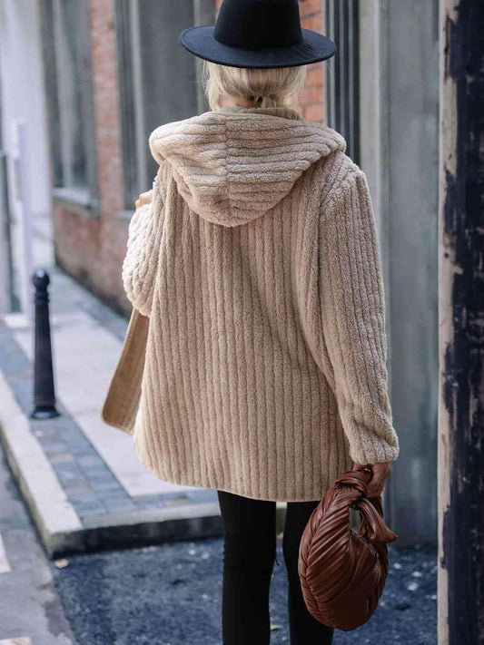Open Front Ribbed Hooded Coat - Trendsi