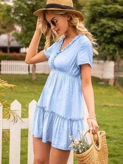 Frill V-Neck Short Sleeve Ruffle Hem Dress - Trendsi - Flyclothing LLC