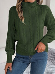 Cable-Knit Turtleneck Dropped Shoulder Sweater - Trendsi