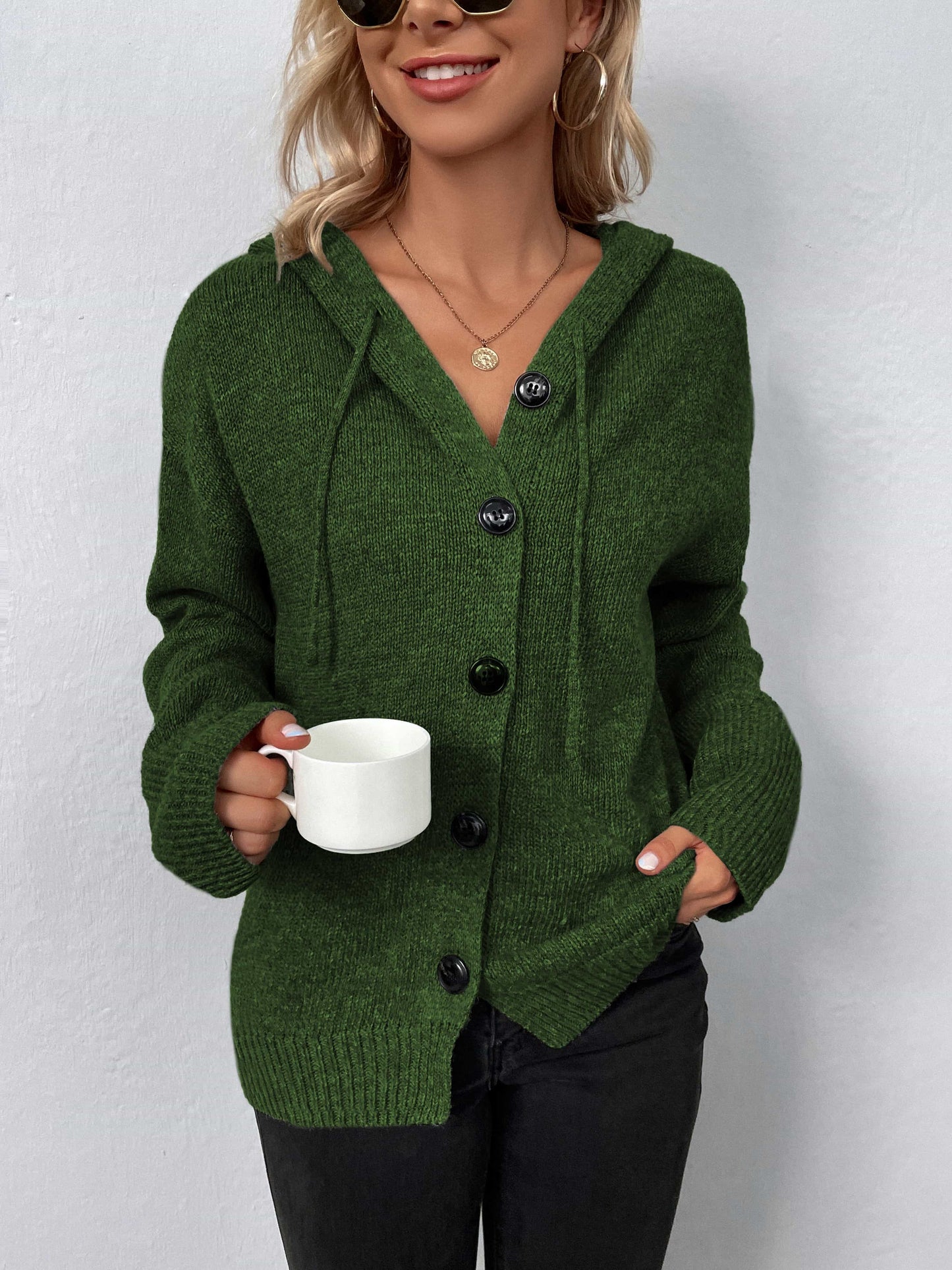 Button-Down Long Sleeve Hooded Sweater - Trendsi - Flyclothing LLC