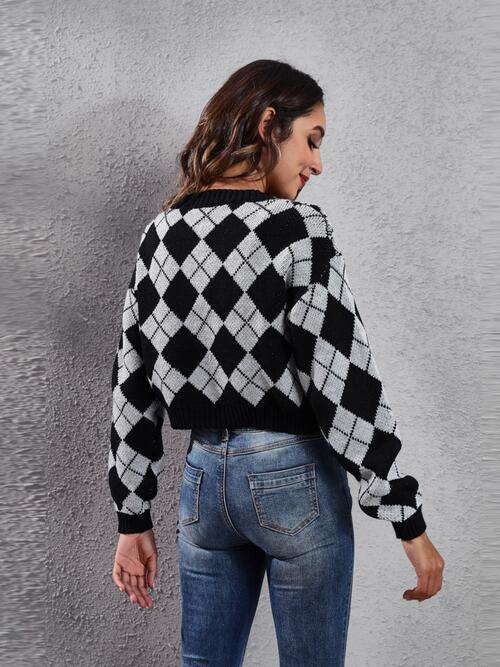 Geometric Button Up Long Sleeve Cardigan - Trendsi