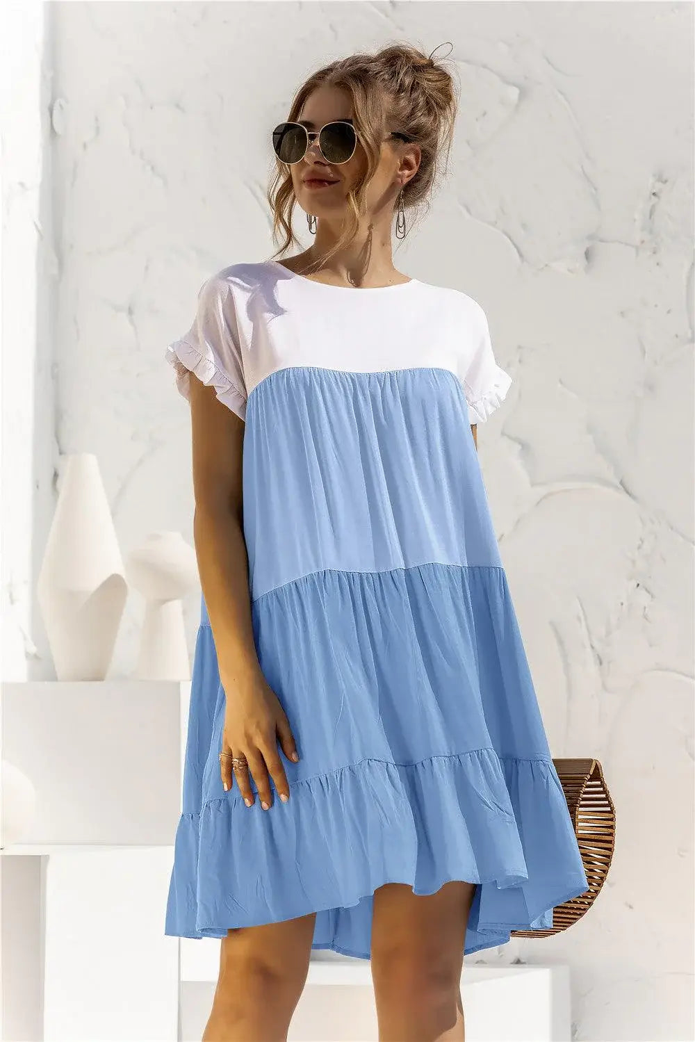 Color Block Round Neck Ruffle Hem Dress - Trendsi - Flyclothing LLC