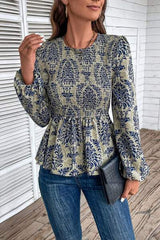 Smocked Printed Balloon Sleeve Blouse - Trendsi - Flyclothing LLC