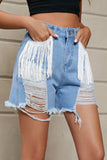 Fringe Trim Distressed Denim Shorts with Pockets - Trendsi - Flyclothing LLC