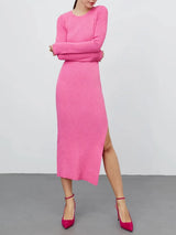 Round Neck Slit Sweater Dress - Trendsi - Flyclothing LLC