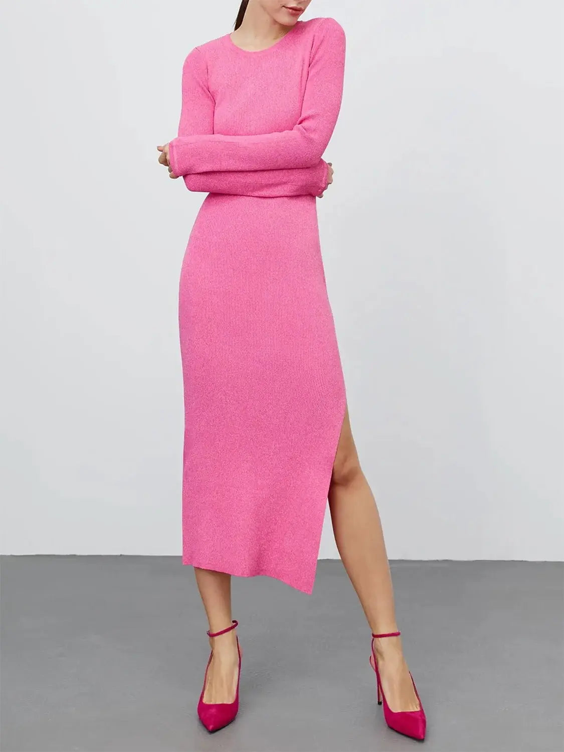 Round Neck Slit Sweater Dress - Trendsi - Flyclothing LLC