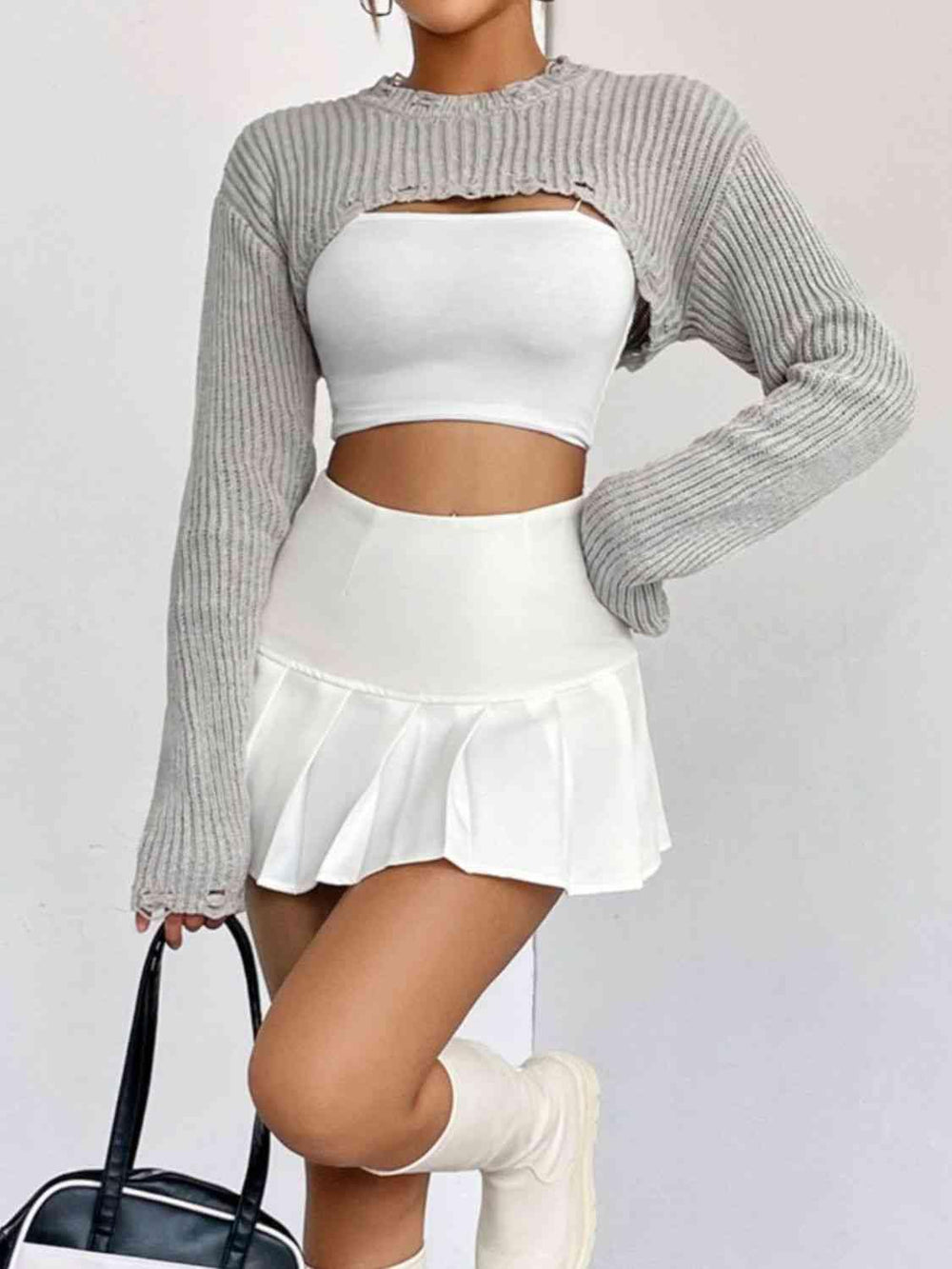 Distressed Long Sleeve Cropped Sweater - Trendsi