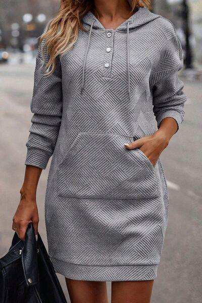 Texture Half Snap Drawstring Hooded Dress - Trendsi - Flyclothing LLC