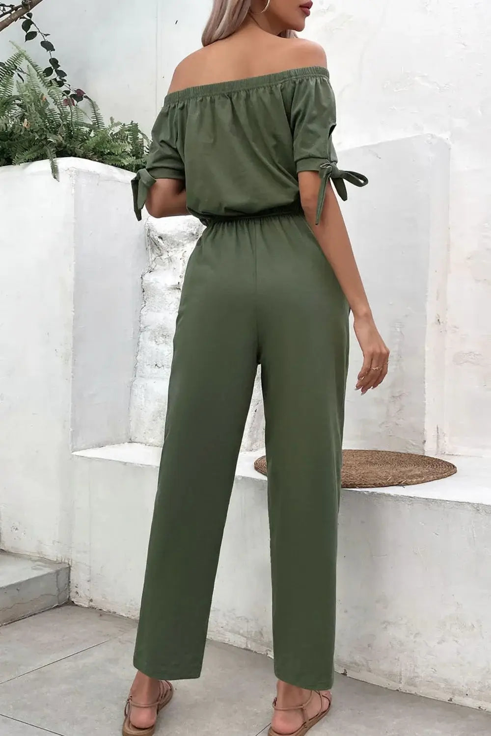 Off-Shoulder Tie Cuff Jumpsuit with Pockets - Trendsi - Flyclothing LLC