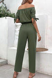Off-Shoulder Tie Cuff Jumpsuit with Pockets - Trendsi