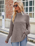 Ribbed Turtleneck Long Sleeve Slit Knit Top - Trendsi - Flyclothing LLC