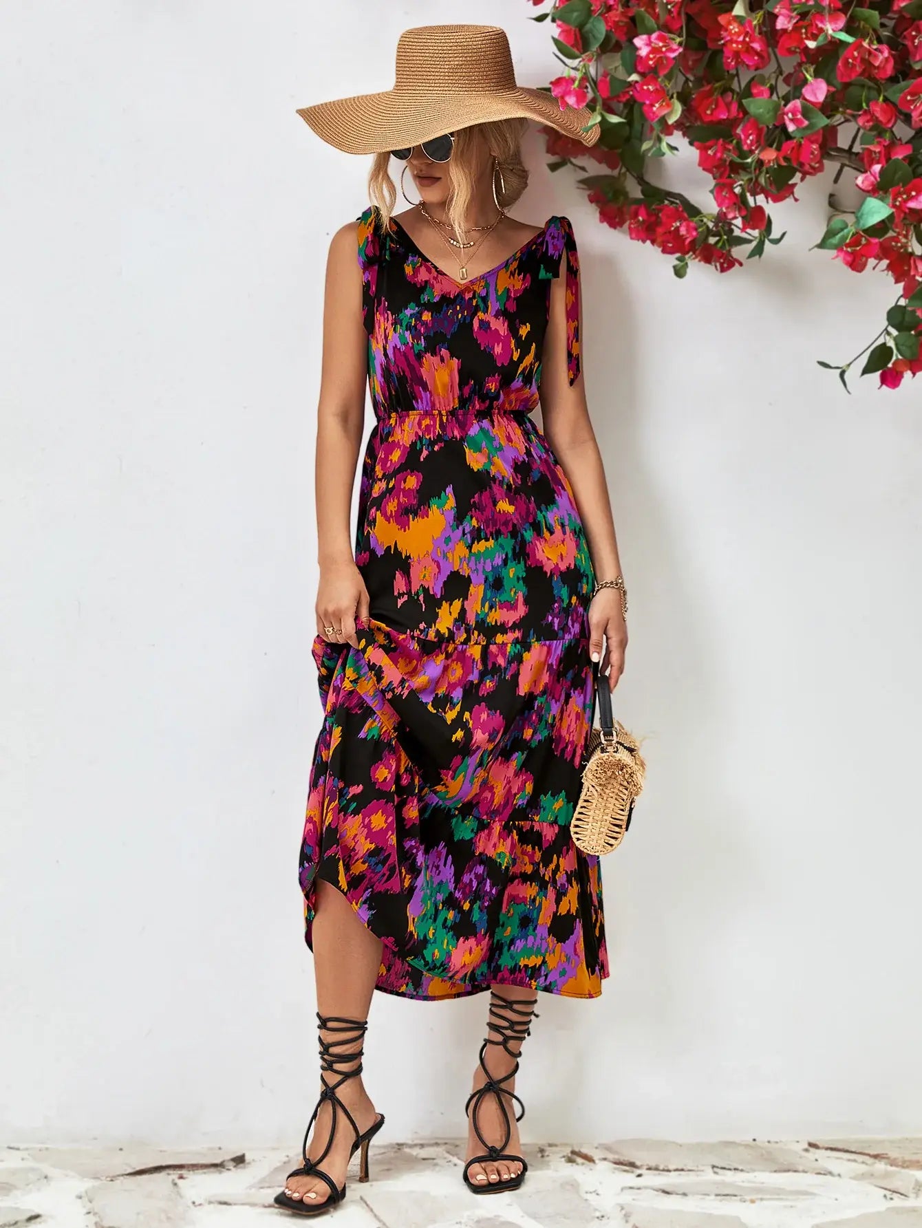 Multicolored V-Neck Backless Midi Dress - Trendsi - Flyclothing LLC
