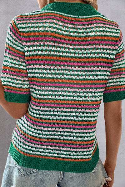 Openwork Striped Short Sleeve Knit Top - Trendsi - Flyclothing LLC