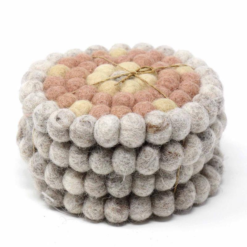 Hand Crafted Felt Ball Coasters from Nepal: 4-pack, Flower Pinks - Global Groove (T) - Global Groove
