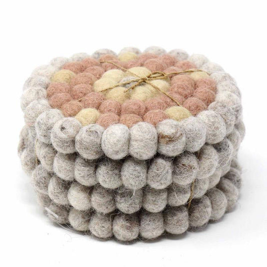 Hand Crafted Felt Ball Coasters from Nepal: 4-pack, Flower Pinks - Global Groove (T) - Global Groove