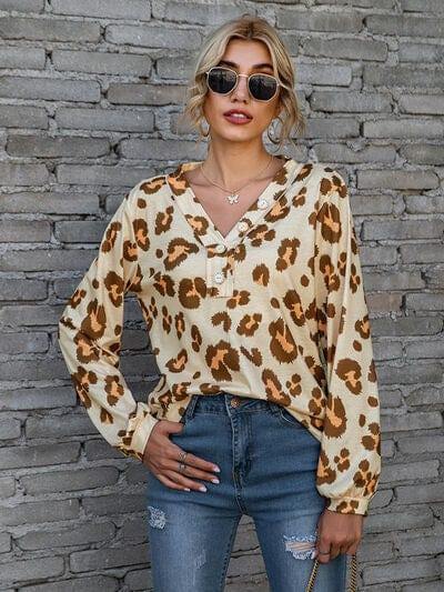 Leopard V-Neck Decorative Button Long Sleeve Blouse - Trendsi
