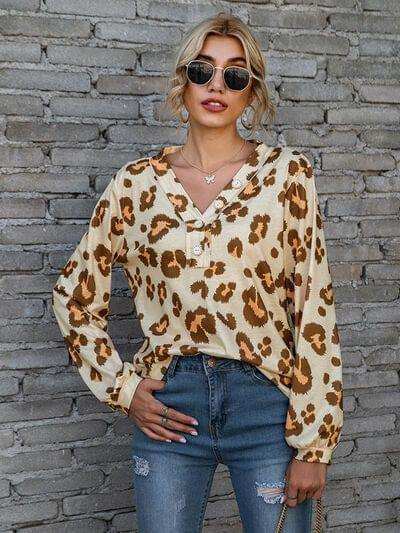 Leopard V-Neck Decorative Button Long Sleeve Blouse - Trendsi - Flyclothing LLC