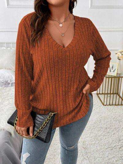 Plus Size V-Neck Long Sleeve T-Shirt - Trendsi - Flyclothing LLC