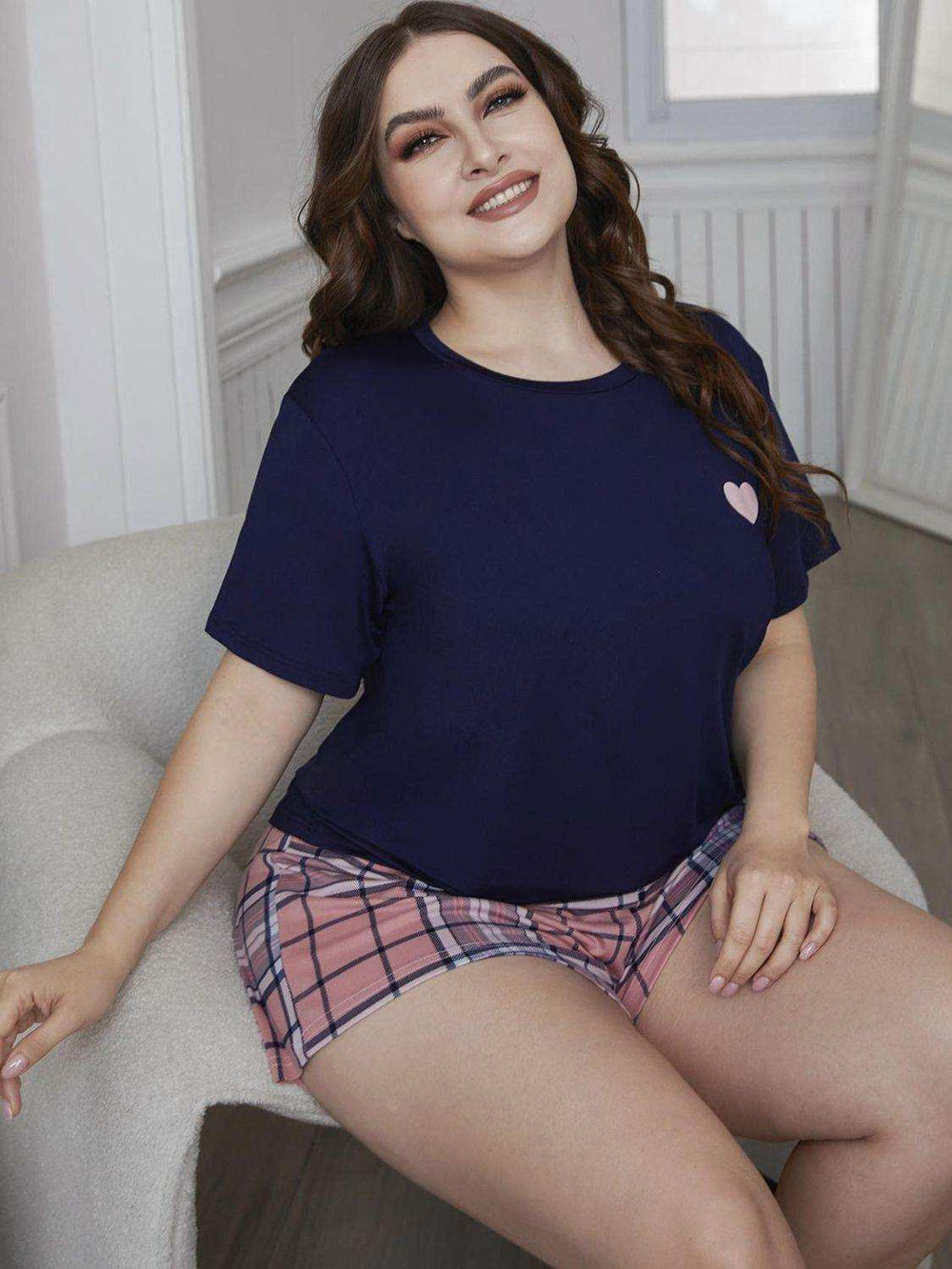 Plus Size Heart Graphic Top and Plaid Shorts Loungewear Set - Trendsi - Flyclothing LLC