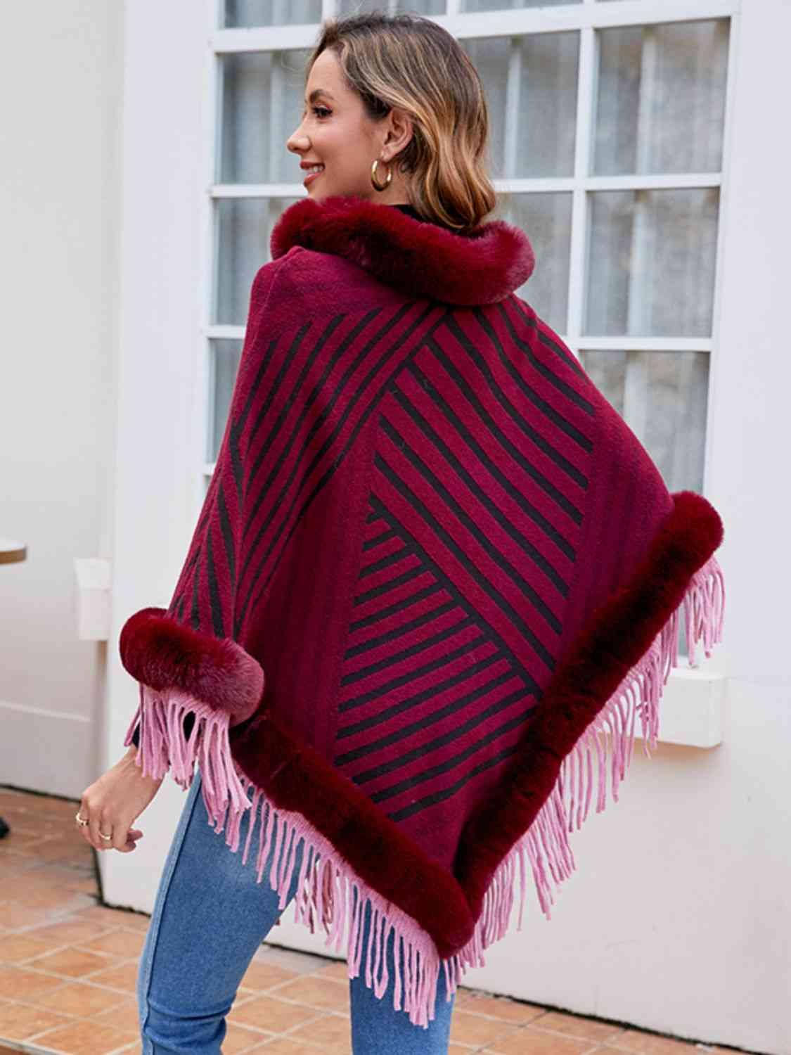 Striped Fringe Hem Poncho - Trendsi
