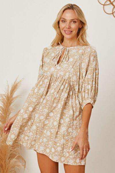 Floral Tie Neck Ruched Babydoll Dress - Trendsi - Flyclothing LLC