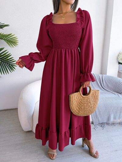 Smocked Square Neck Flounce Sleeve Dress - Trendsi - Flyclothing LLC