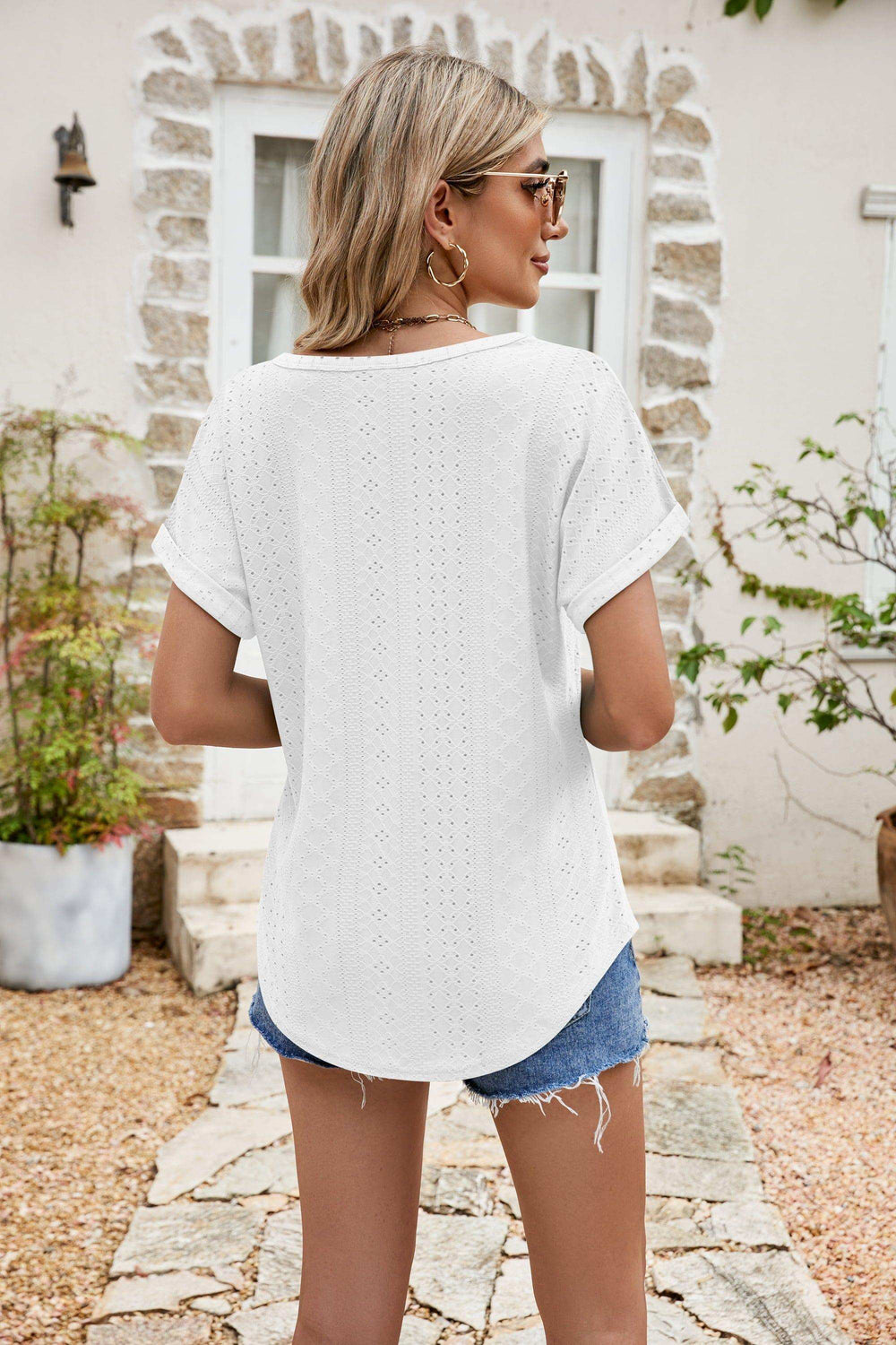Full Size Round Neck Eyelet Short Sleeve Top - Trendsi - Flyclothing LLC