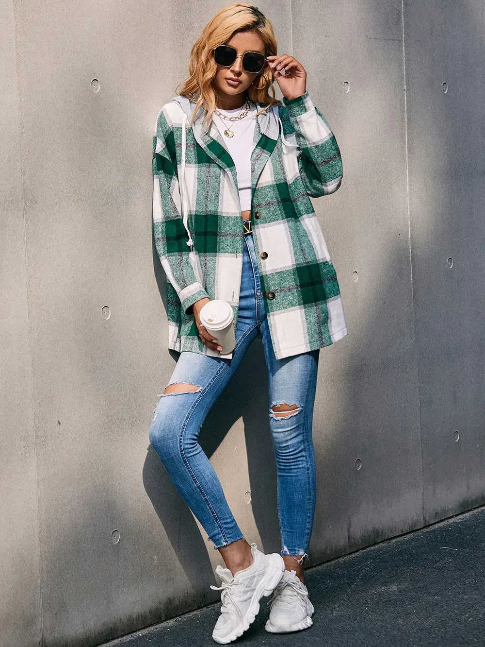 Plaid Dropped Shoulder Hooded Jacket - Trendsi - Flyclothing LLC