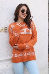 Reindeer & Snowflake Pattern Dropped Shoulder Pullover Sweater - Trendsi
