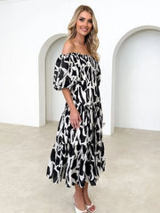Printed Smocked Off-Shoulder Tiered Dress - Trendsi