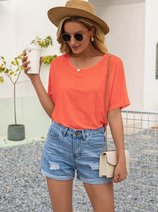 Round Neck Short Sleeve Top - Trendsi - Flyclothing LLC