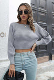 Cropped Round Neck Raglan Sleeve Ribbed Pullover Sweater - Trendsi